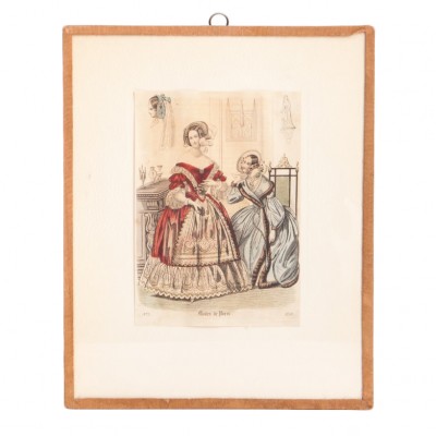 Moda ok. 1840, w stylu Biedermeier. Z cyklu Modes de Paris. Miedzioryt. Francja, 1840.